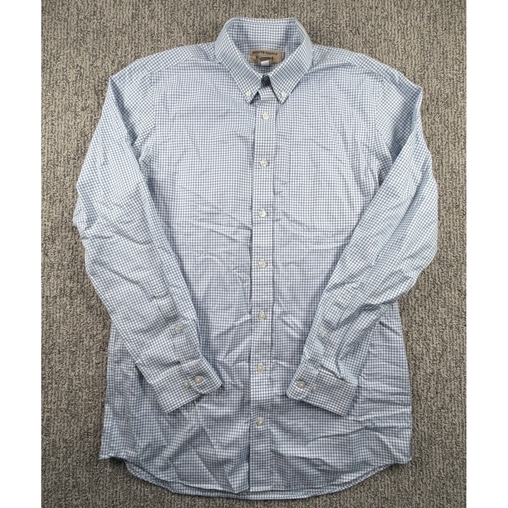 Duluth Trading Co Button Down Mens L Tall Blue Check Wrinklefighter Trim Fit